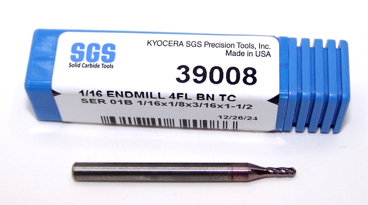 39008 Kyocera SGS 1/16" Carbide 4 Flute End Mill Ball TiCN Coated .0625" Diameter .188" Flute 1.50" Overall Length .125" Shank