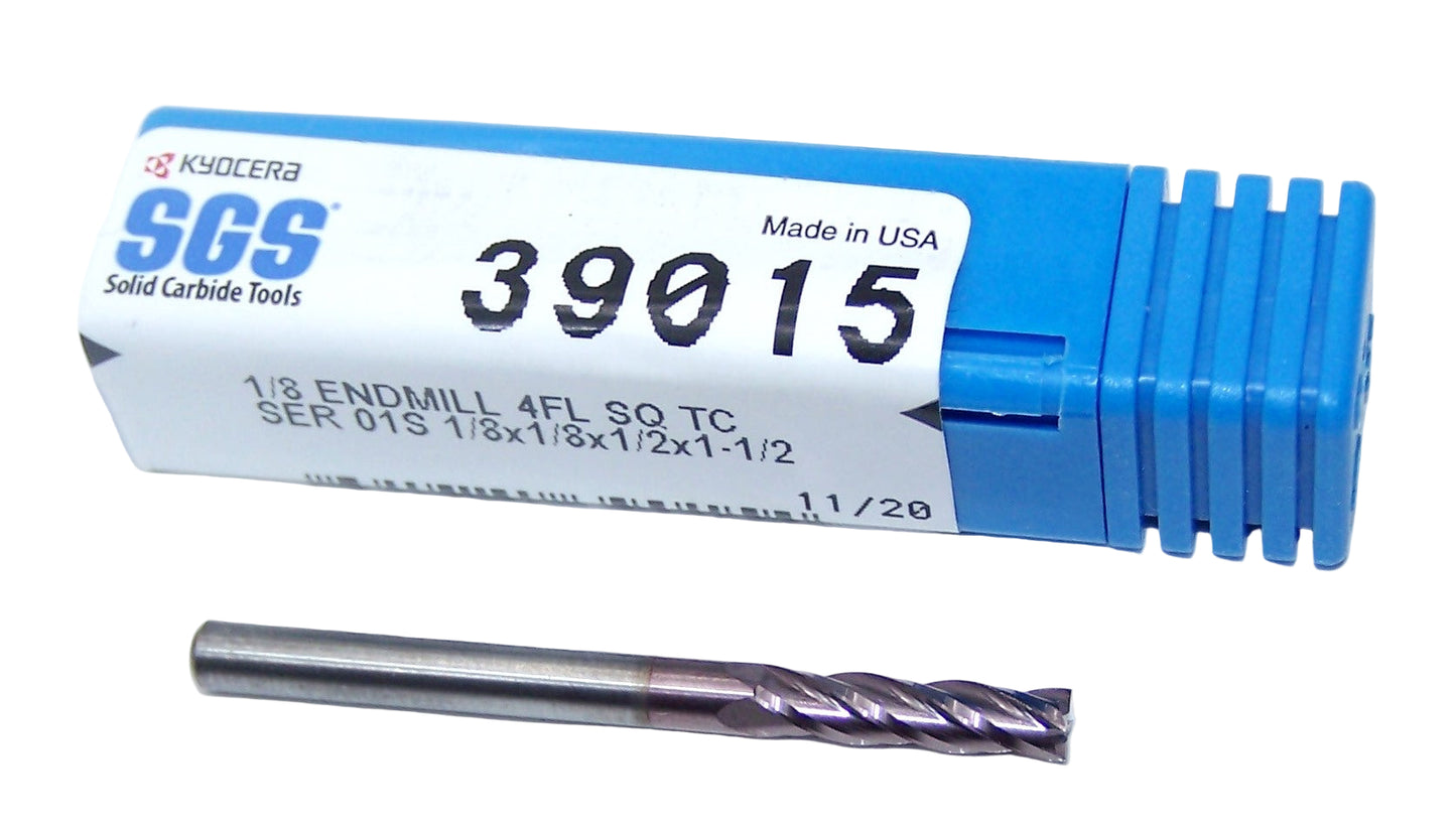 39015 Kyocera SGS 1/8" Carbide End Mill 4 Flute SQ TiCN Coated .1250" DIA .500" Flute 1.50 Length .125" Shank