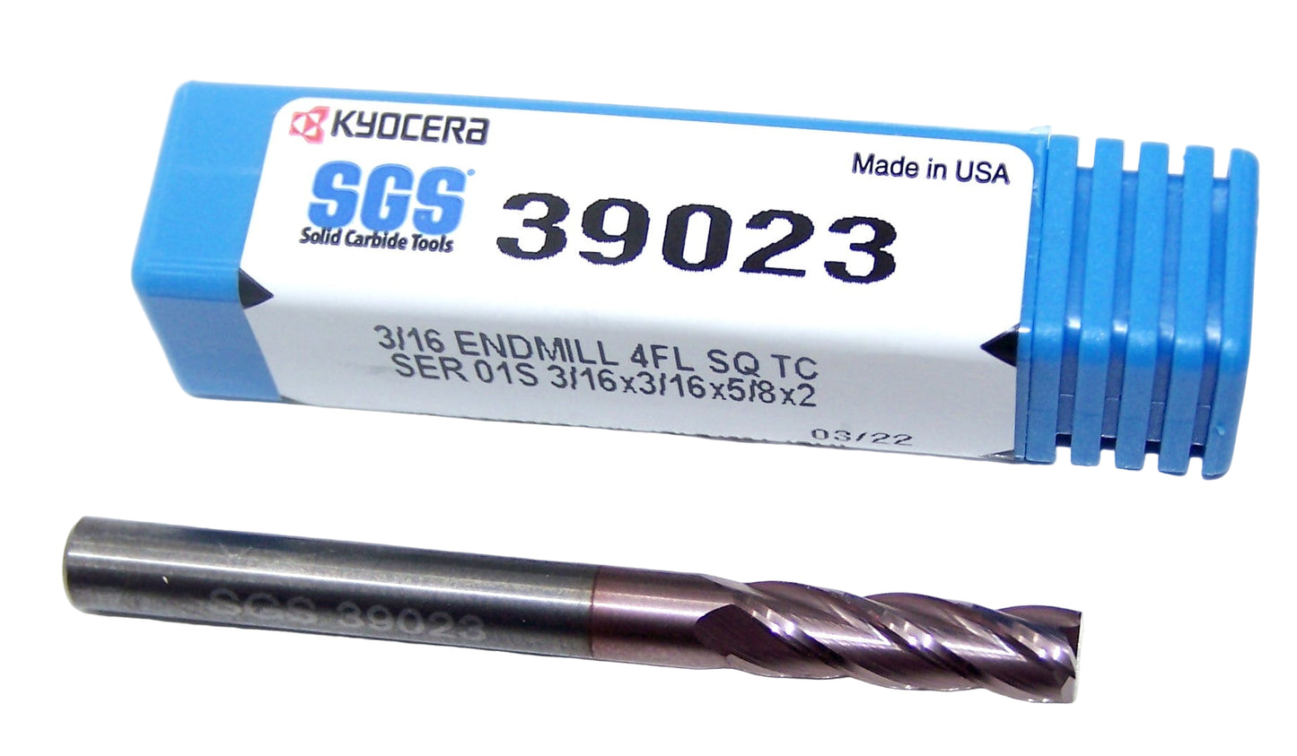 39023 Kyocera SGS 3/16" Carbide End Mill 4 Flute SQ TiCN Coated .1875" Diameter .625" Flute 2.00" Length .188" Shank