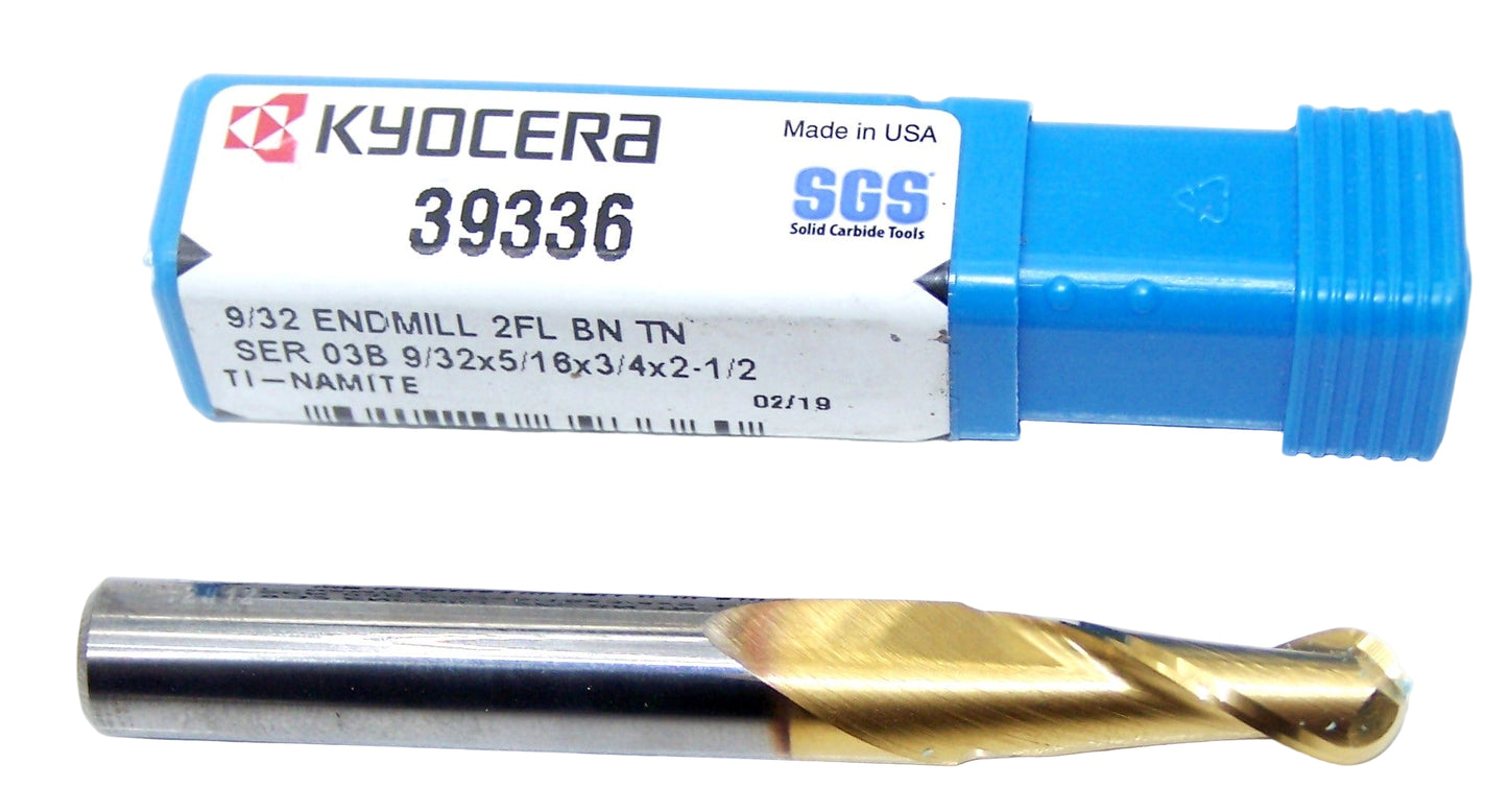 39336 Kyocera SGS 9/32" Carbide 2 Flute End Mill Ball End TiN Coated .2812" Diameter .750" Flute  2.50" Length .3125" Shank