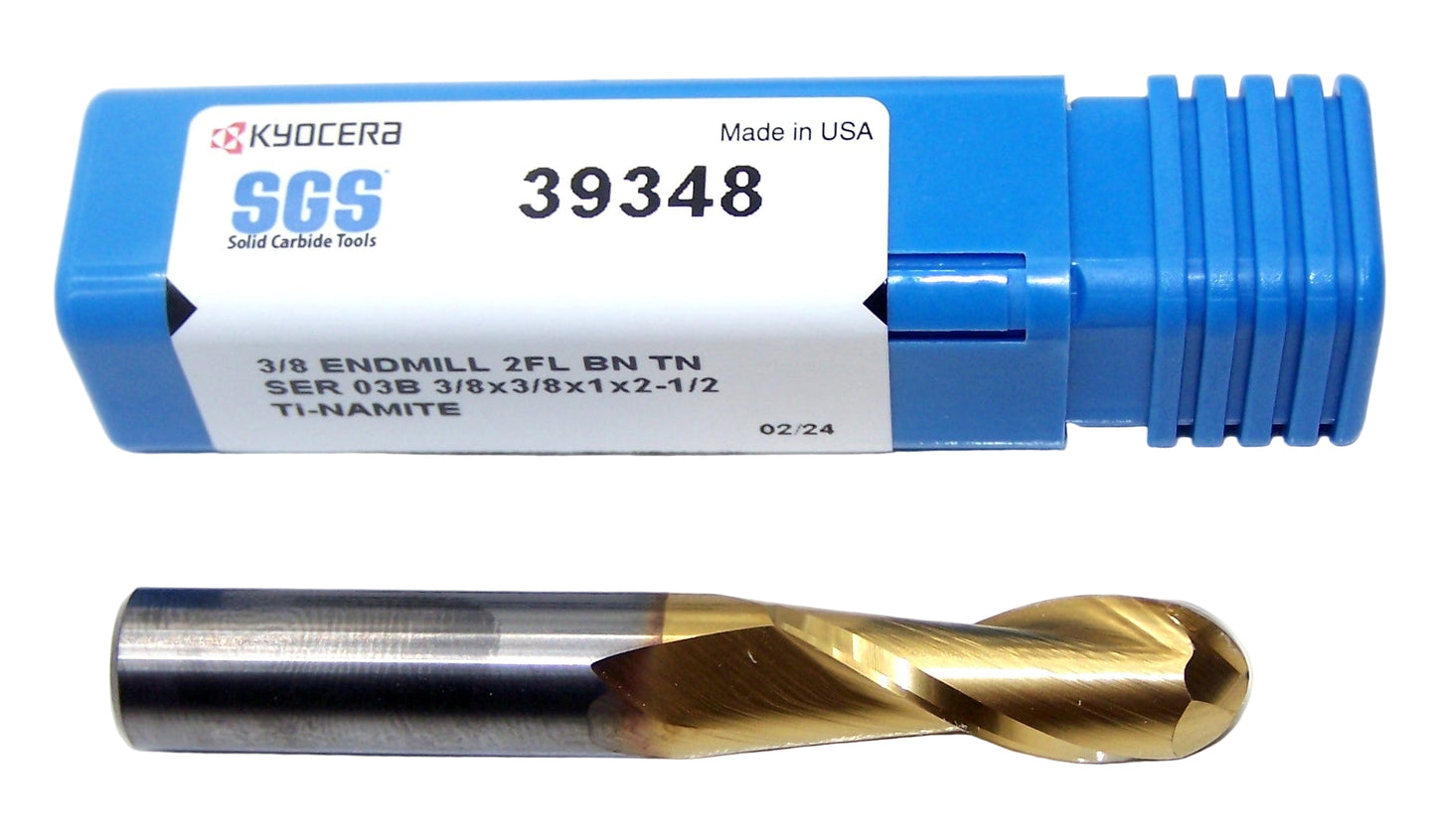 39348 Kyocera SGS 3/8" Carbide 2 Flute End Mill Ball End TiN Coated .375" Diameter 1.00" Flute  2.50" Length .375" Shank