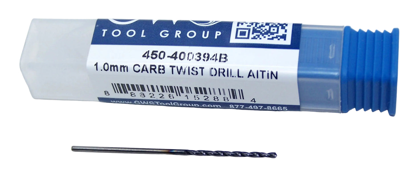 450-400394B GWS Monster 1.00mm Carbide 2 Flute Drill .0394" Diameter .630" Flute 1.50" Length .0394" Shank 118° Point Jobber Drill