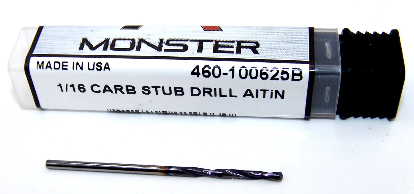 460-100625B Monster Tool 1/16" Carbide Drill 2 Flute AlTiN .0625" Diameter .625"Flute 1.625" Length .0625" Shank