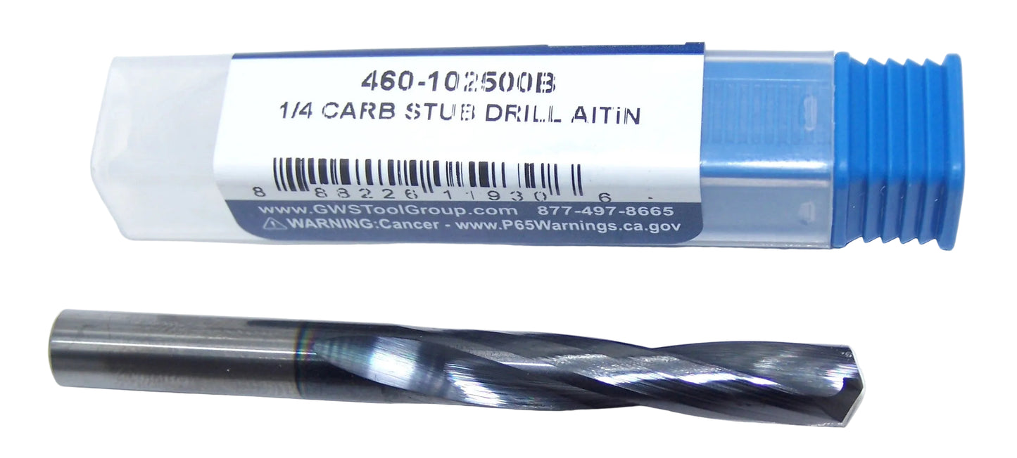 460-102500B Monster Tool 1/4" Carbide 2 Flute Drill AlTiN Stub .250" Diameter 1.375" Flute 2.50" Length .250" Shank