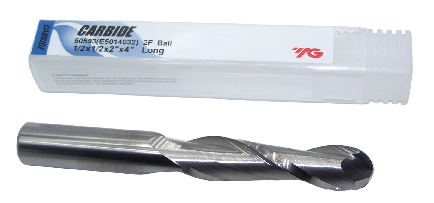 50593 YG1 1/2" Carbide 2 Flute End Mill Ball End .500" Diameter 2.00" Flute  4.00" Length .500" Shank