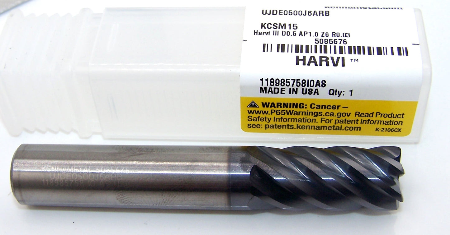 UJDE0500J6ARB KCSM15 Kennametal 1/2" Carbide 6 Flute End Mill .030 Radius .500" Diameter 1.00" Flute 3.0" Length .500" Shank HARVI III 5085676