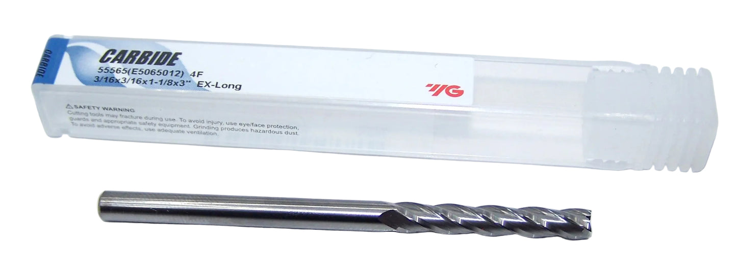 55565 YG1 3/16" Carbide 4 Flute End Mill SQ Long .1875" Diameter 1.125" Flute  3.00" Length .1875" Shank