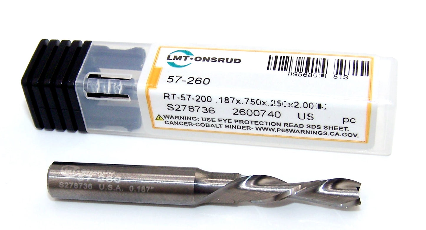 57-260 Onsrud 3/16" Carbide Down Cut Router 2 Flute .1875" Diameter 0.7500" Flute 2.00" Length .250" Shank