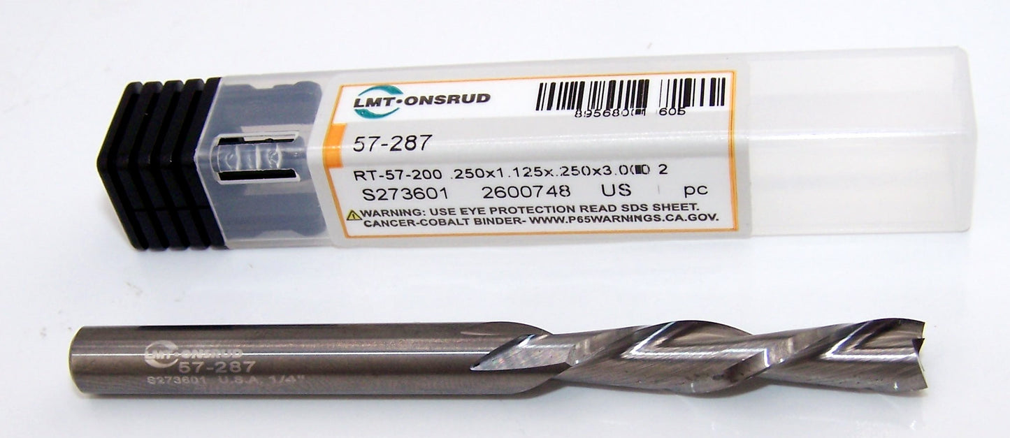 57-287 Onsrud 1/4" Carbide Down Cut Router 2 Flute .250" Diameter 1.1250" Flute 3.00" Length .250" Shank