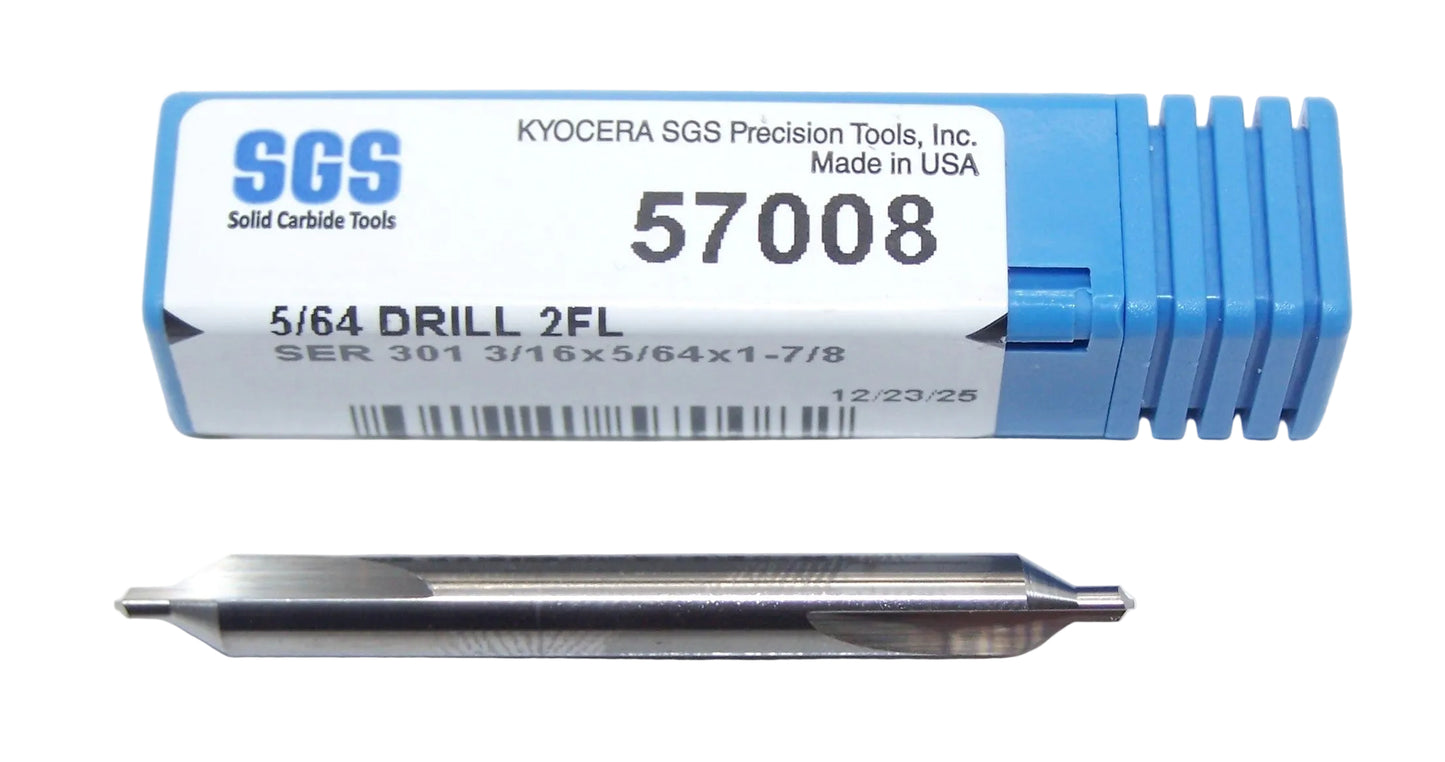 57008 SGS #2 Carbide Center Drill 2 Flute  0.0781" Diameter .562" Flute 1.87" Length .1875 Shank 118° Point Double End