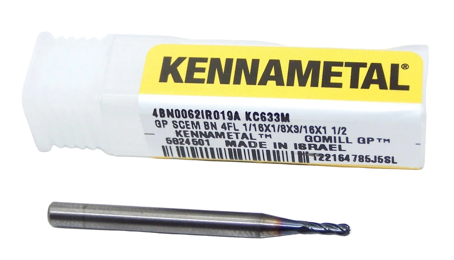 4BN0062IR019A KC633M Kennametal 1/16" Carbide 4 Flute End Mill Ball End .0625" Diameter .1875" Flute 1.50" Length .125" Shank 5824501