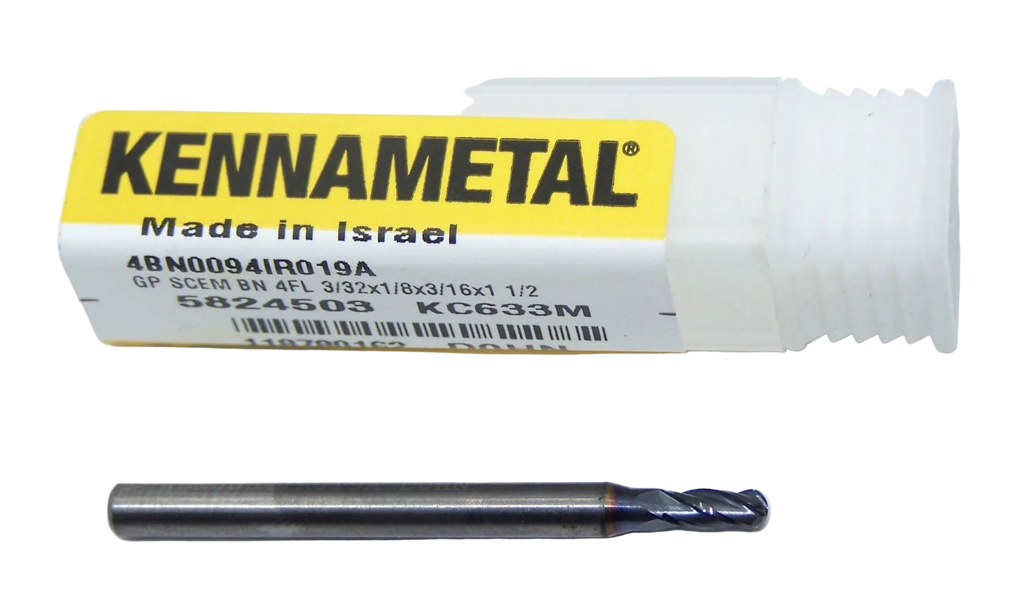 4BN0094IR019A KC633M Kennametal 3/32" Carbide 4 Flute End Mill Ball End .0938" Diameter .1875" Flute 1.50" Length .125" Shank 5824503