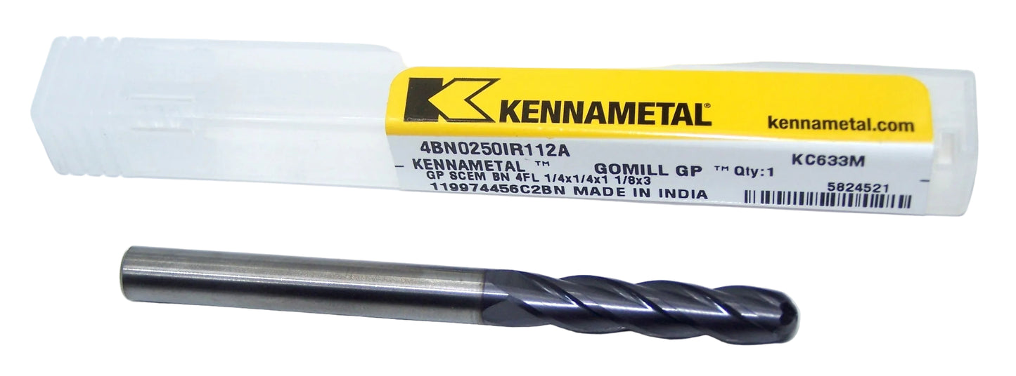 4BN0250IR112A KC633M Kennametal 1/4" Carbide 4 Flute End Mill Long Ball End .250" Diameter 1.125" Flute 3.0" Length .250" Shank 5824521