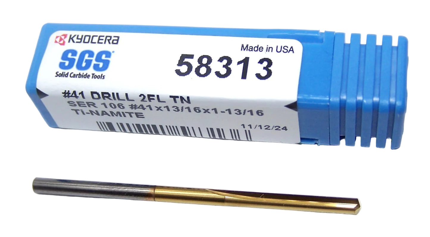 58313 Kyocera #41 Carbide 2 Flute Straight Flute Drill .0960" Diameter .8125" Flute 1.8125" Length .096" Shank 140° Point Tin Coated