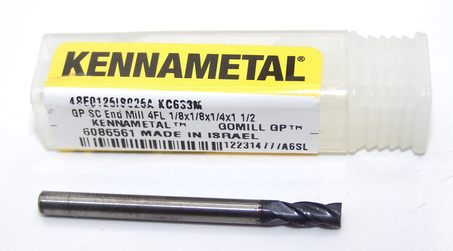 4SE0125IS025A  KC633M Kennametal 1/8" Carbide 4 Flute End Mill  .125" Diameter .250" Flute 1.50" Length .125" Shank GoMIll 6086561