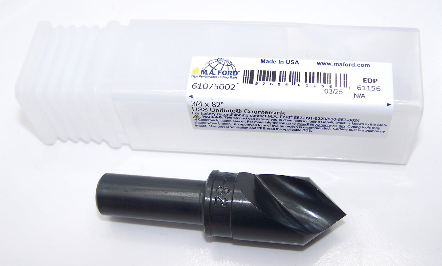61075002 MaFord 82° Point HSS Countersink 1 Flute 3/4" Diameter 1/2" Shank 2-3/4" Length
