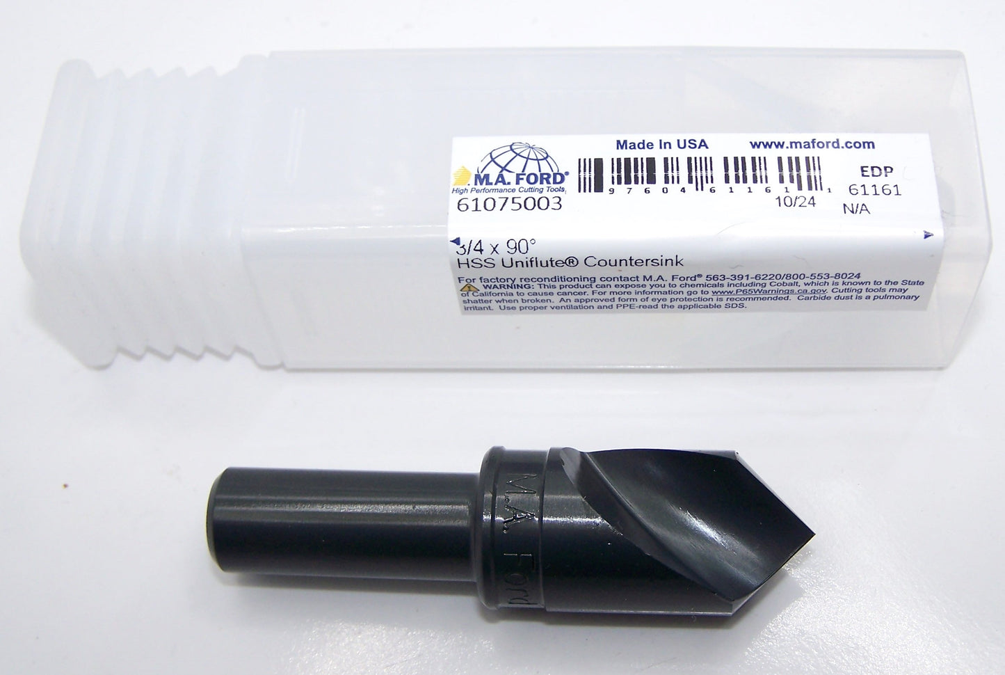 61075003 MaFord 90° Point HSS Countersink 1 Flute 3/4" Diameter 1/2" Shank 2-3/4" Length
