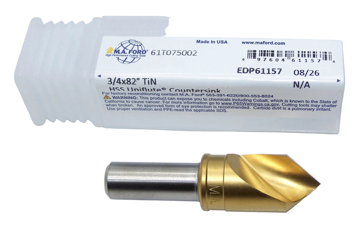 61T075002 MaFord 82° Point HSS Countersink 1 Flute Tin Coated 3/4" Diameter 1/2" Shank 2-3/4" Length