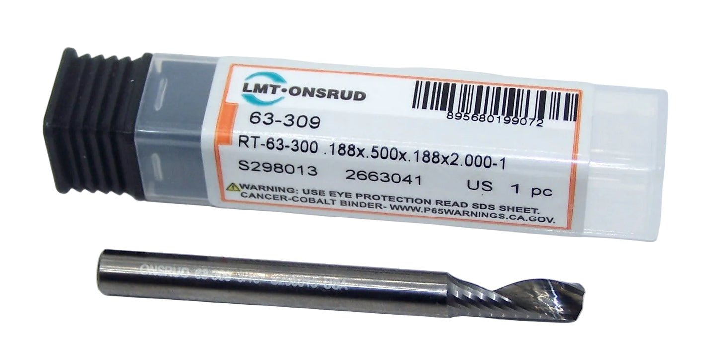 63-309 Onsrud 3/16" Carbide 1 Flute Router O Flute for Aluminum .1875" Diameter .500" Flute 2.00" Length .1875" Shank