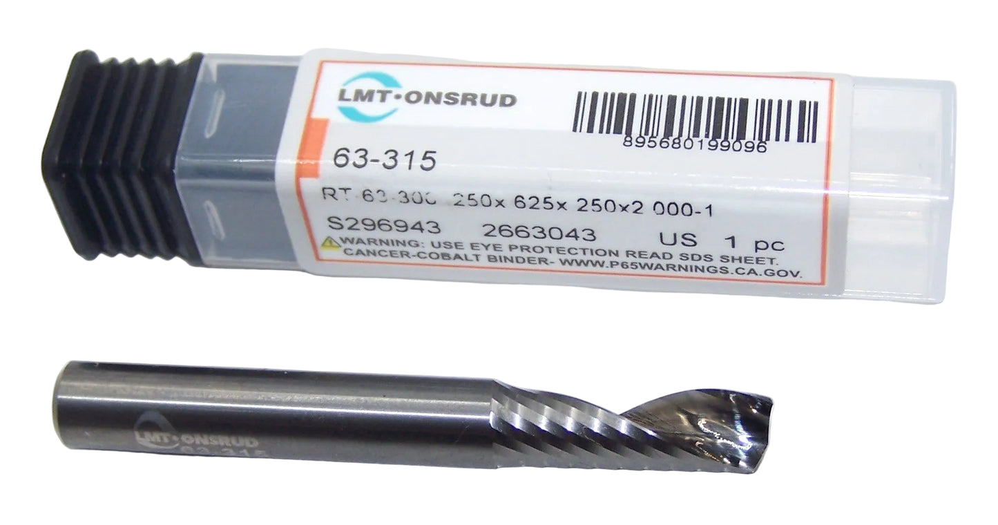 63-315 Onsrud 1/4" Carbide 1 Flute Router O Flute for Aluminum .250" Diameter .625" Flute 2.00" Length .250" Shank