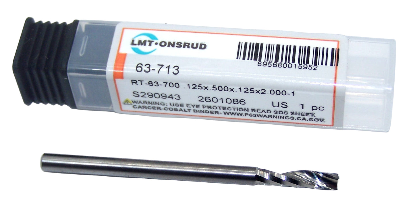 63-713 Onsrud 1/8" Carbide Upcut Router End Mill 1 Flute .125" Diameter .500" Flute 2.00" Length .125" Shank for Plastic