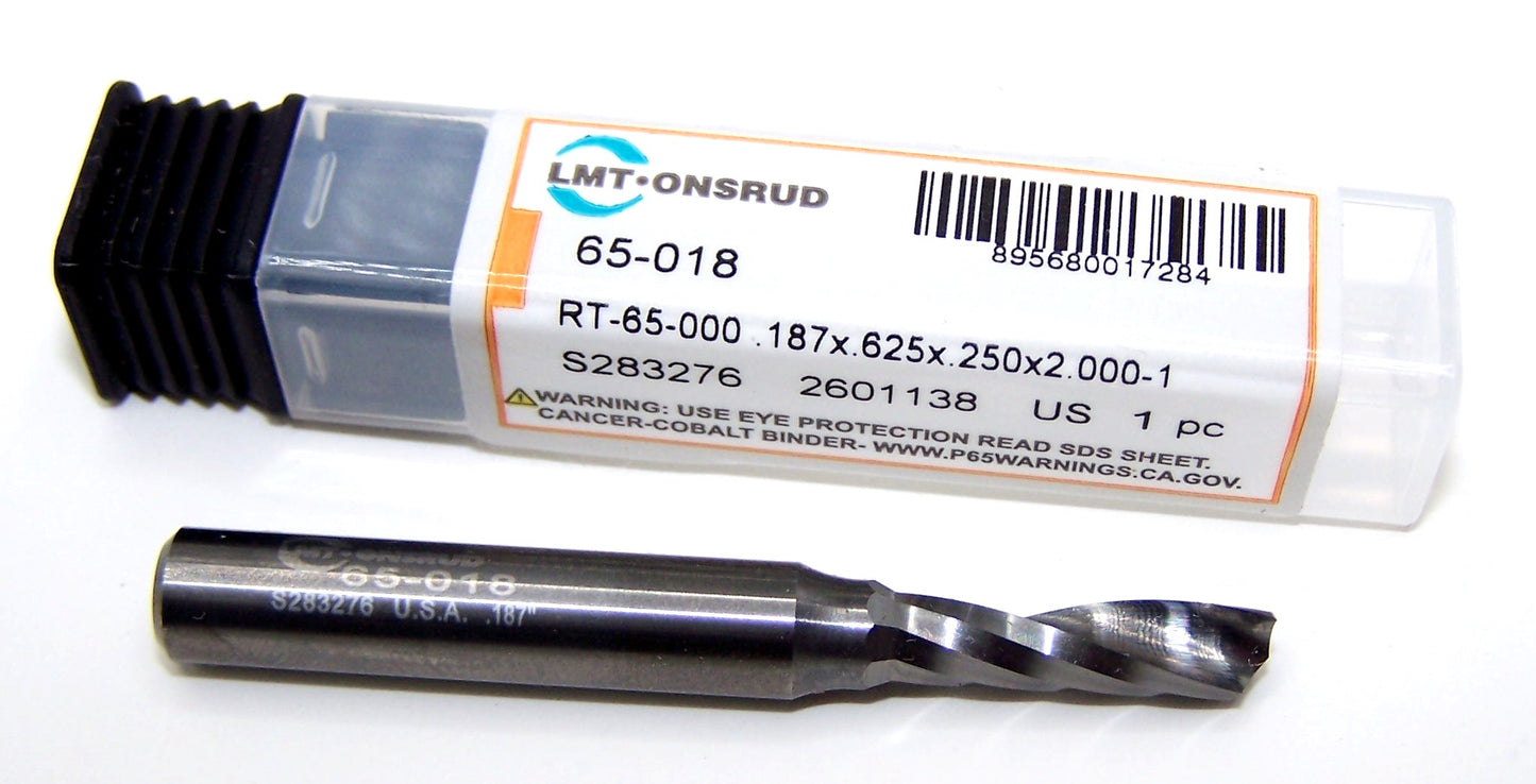 65-018 Onsrud 3/16" Carbide Single "O" Flute Router .1875" Diameter .625"Flute 2.00 Length .250" Shank for Plastic, Wood, Aluminum