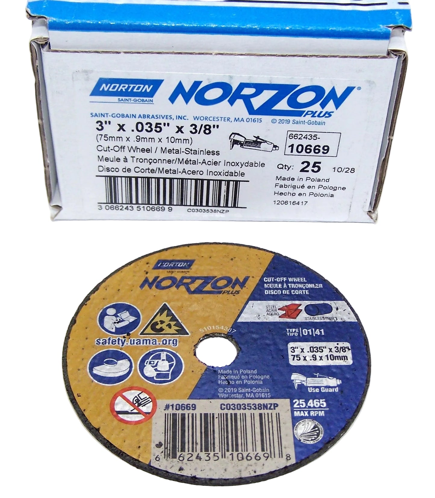 66243510669 Norton Norzon Plus 3" Cut-off Wheel 3" Diameter .035" Width .375" Arbor Hole (box of 25)
