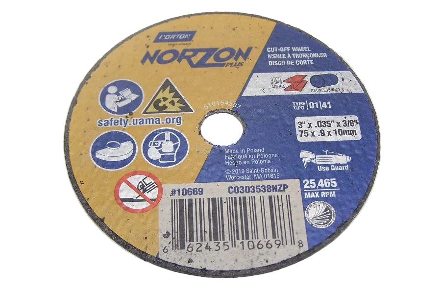 66243510669 Norton Norzon Plus 3" Cut-off Wheel 3" Diameter .035" Width .375" Arbor Hole (box of 25)