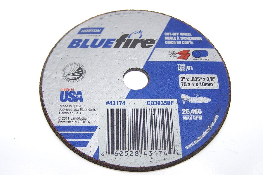 66252843174 Norton BlueFire 3" Zirconia Cut-off Wheel 3" Diameter .035" Width .375" Arbor Hole (box of 25)