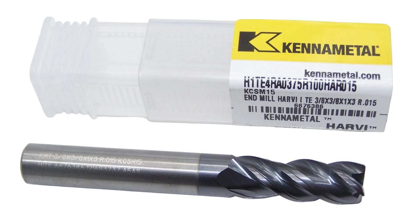 H1TE4RA0375R100HAR015 KCSM15 Kennametal 3/8" Carbide 4 Flute End Mill .015" End Radius .375" Diameter 1.00" Flute 3.00" Length .375" Shank 6676386