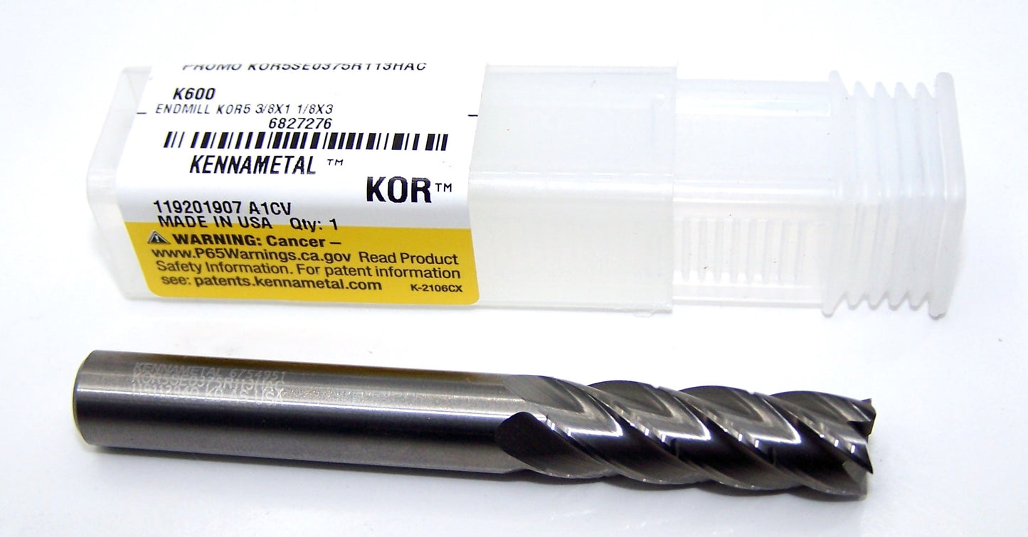 KOR5SE0375R113HAC K600 Kennametal 3/8" Carbide 5 Flute End Mill for high speed Aluminum Milling .375" Diameter 1.125" Flute 3.0" Length .375" Shank