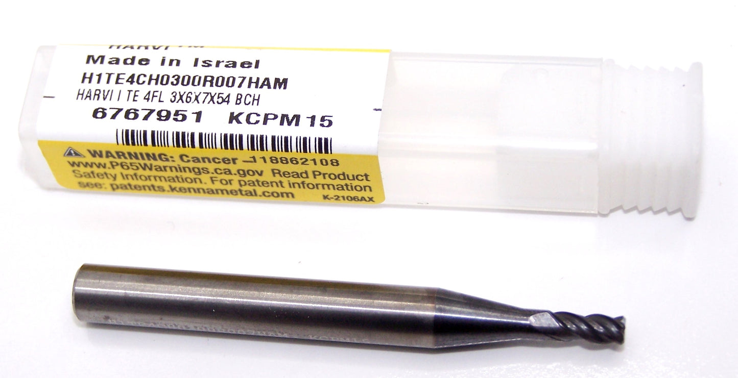 H1TE4CH0300R007HAM KCPM15 Kennametal 3.00mm Carbide 4 Flute End Mill .0118" End Chamfer .1181" Diameter .276" Flute 2.126" Length .236" Shank 6767951 - SALE