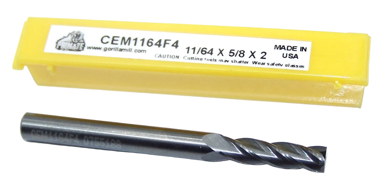 70309 Gorilla Mill 11/64" Carbide 4 Flute End Mill SQ .1719" Diameter .625" Flute 2.0" Length .1875" Shank PRIMATE
