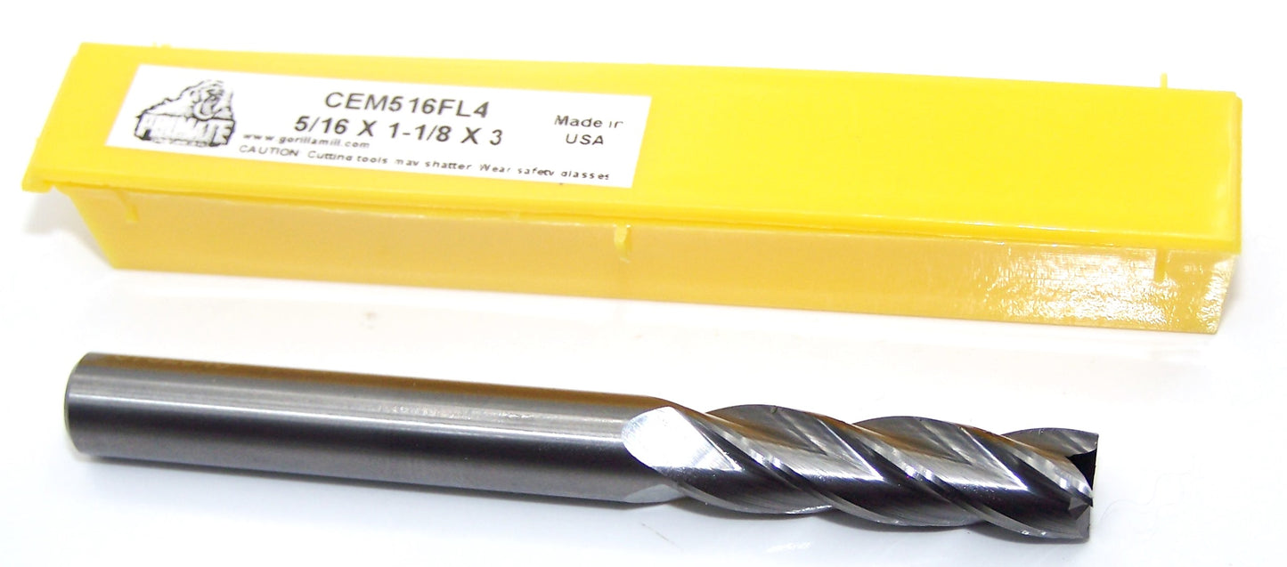 71233 Gorilla Mill 5/16" Carbide 4 Flute End Mill SQ .3125" Diameter 1.125" Flute 3.0" Length .3125" Shank CEM516FL4 Primate
