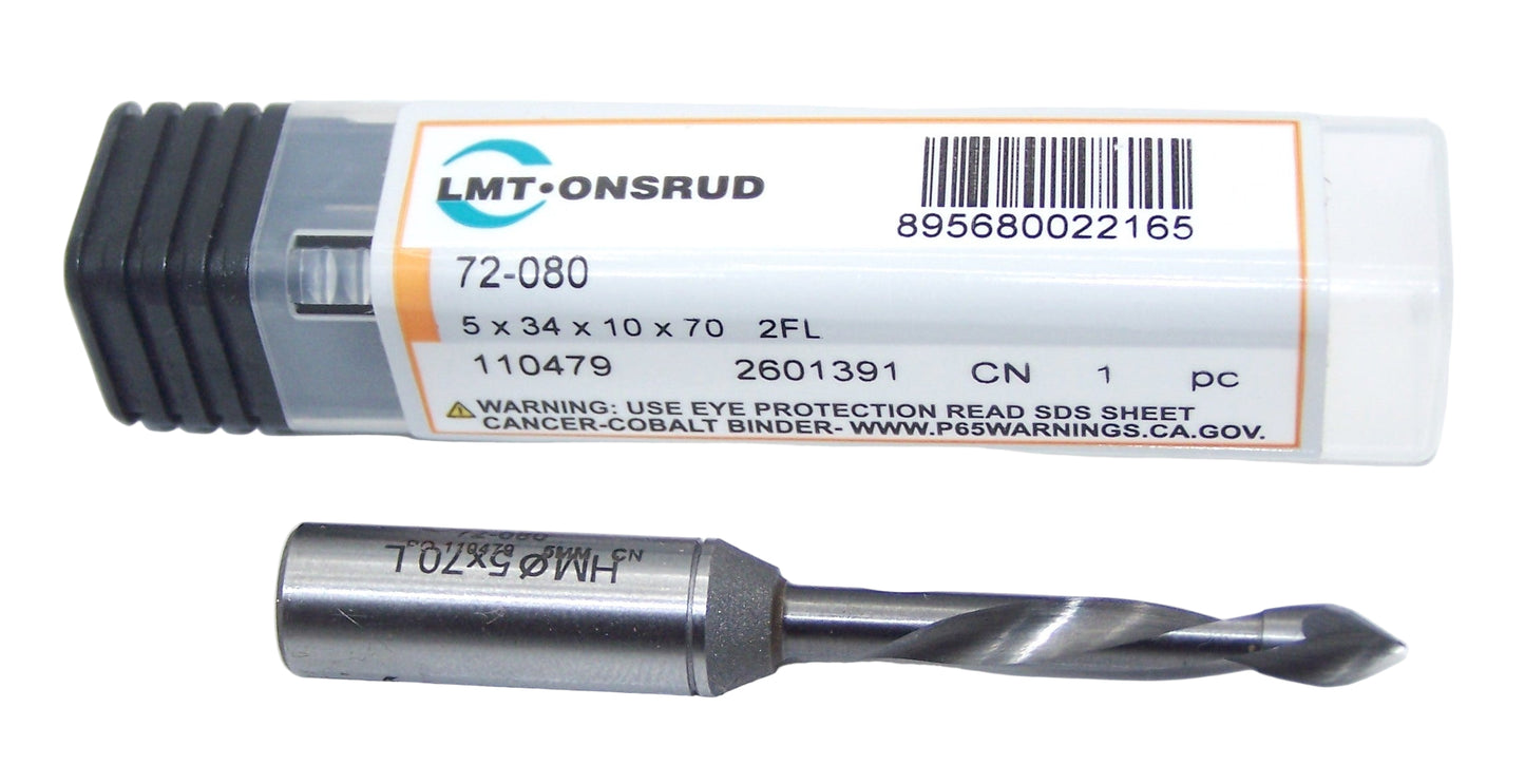 72-080 Onsrud Solid Carbide Boring Bit Drill, Left Hand 2 Flute .1969" Diameter 1.34" Flute 2.76" Length .394" Shank