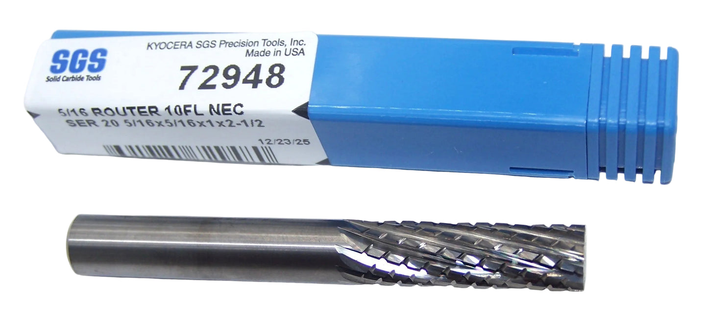 72948 Kyocera SGS 5/16" Carbide 10 Flute CFPR Router Flat End Bright 0.3125" Diameter 1.00" Flute 2.50" Length 0.3125" Shank for Carbon Fiber