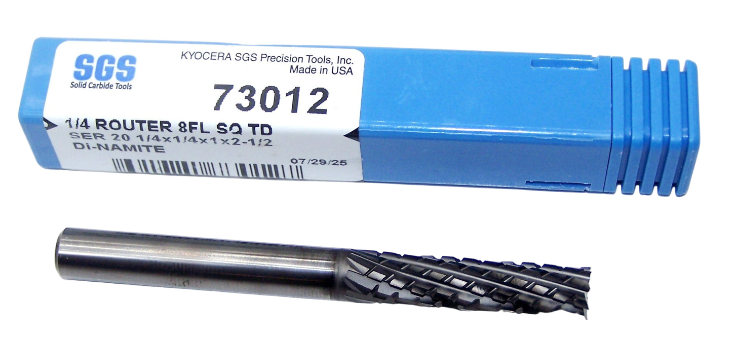 73012 Kyocera SGS 1/4" Carbide CFRP Router Square End Diamond Coated 0.250" Diameter 1.00" Flute 2.50" Length 0.250" Shank