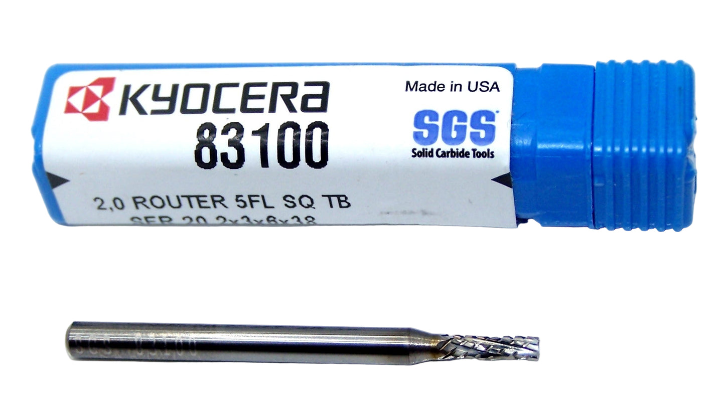 83100 Kyocera SGS 2.00mm Carbide CFRP Router Square End TiB2 Coated 0.0787" Diameter .2362" Flute 1.50" Length 0.1181" Shank