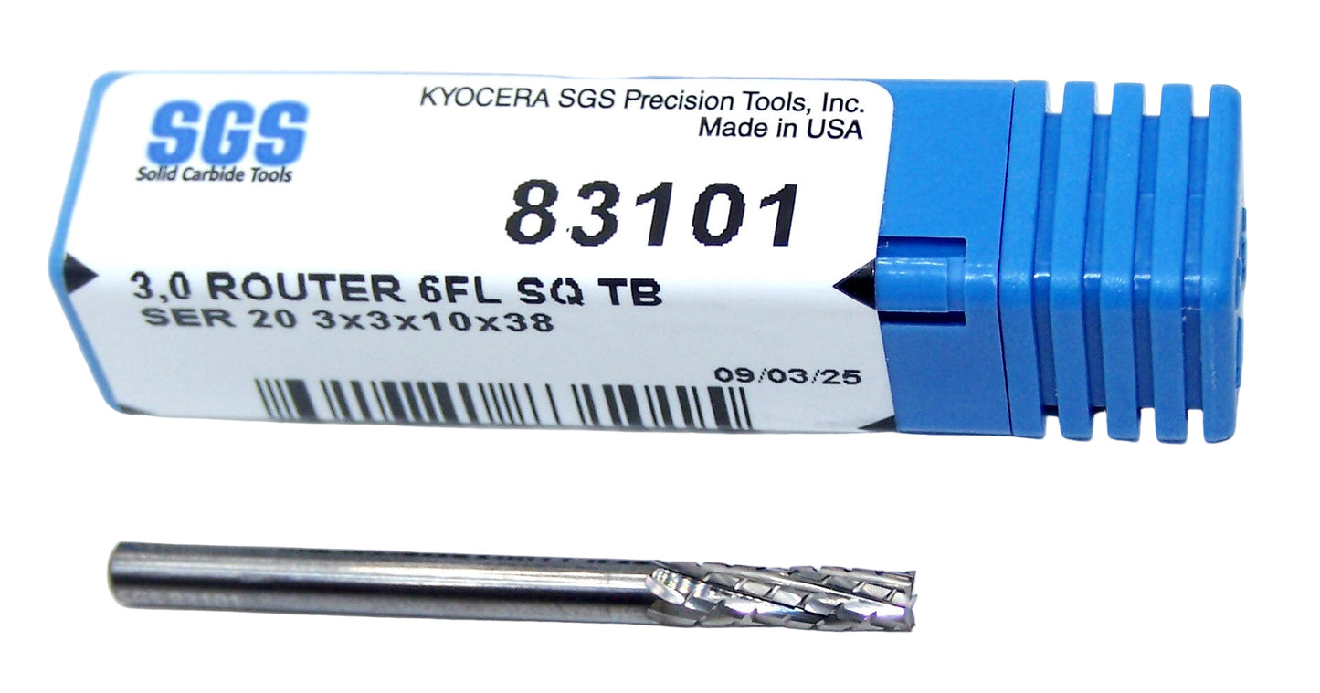 83101 Kyocera SGS 3.00mm Carbide CFRP Router Square End TiB2 Coated 0.1181" Diameter .394" Flute 1.50" Length 0.1181" Shank