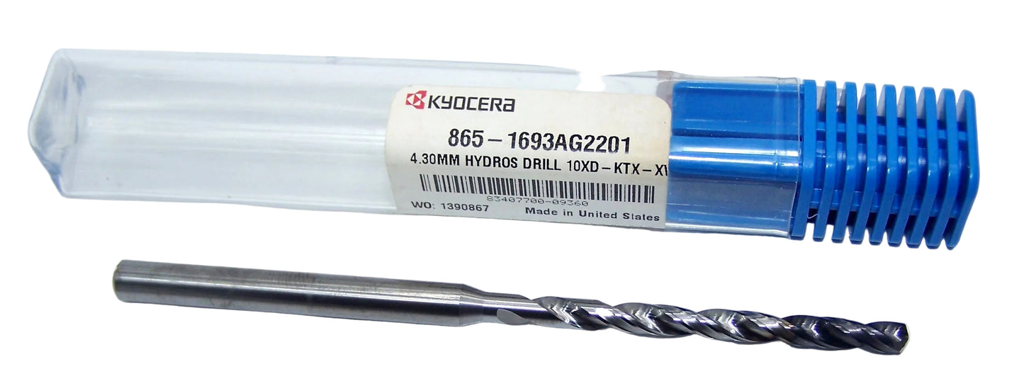 865-1693AG2201 Kyocera 4.30mm Carbide Through Coolant Drill AlTiN .1693" Diameter 1.69" Flute 2.20" Reach 4.33" Length .236" Shank