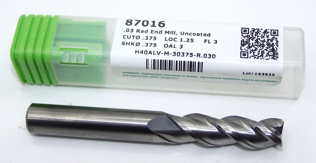 87016 Helical Solutions 3/8" Carbide 3 Flute End Mill 40° Helix for Aluminum .030" Radius .375" Diameter 1.25" Flute 3.0" Length .375" Shank H40ALV-M-30375-R.030