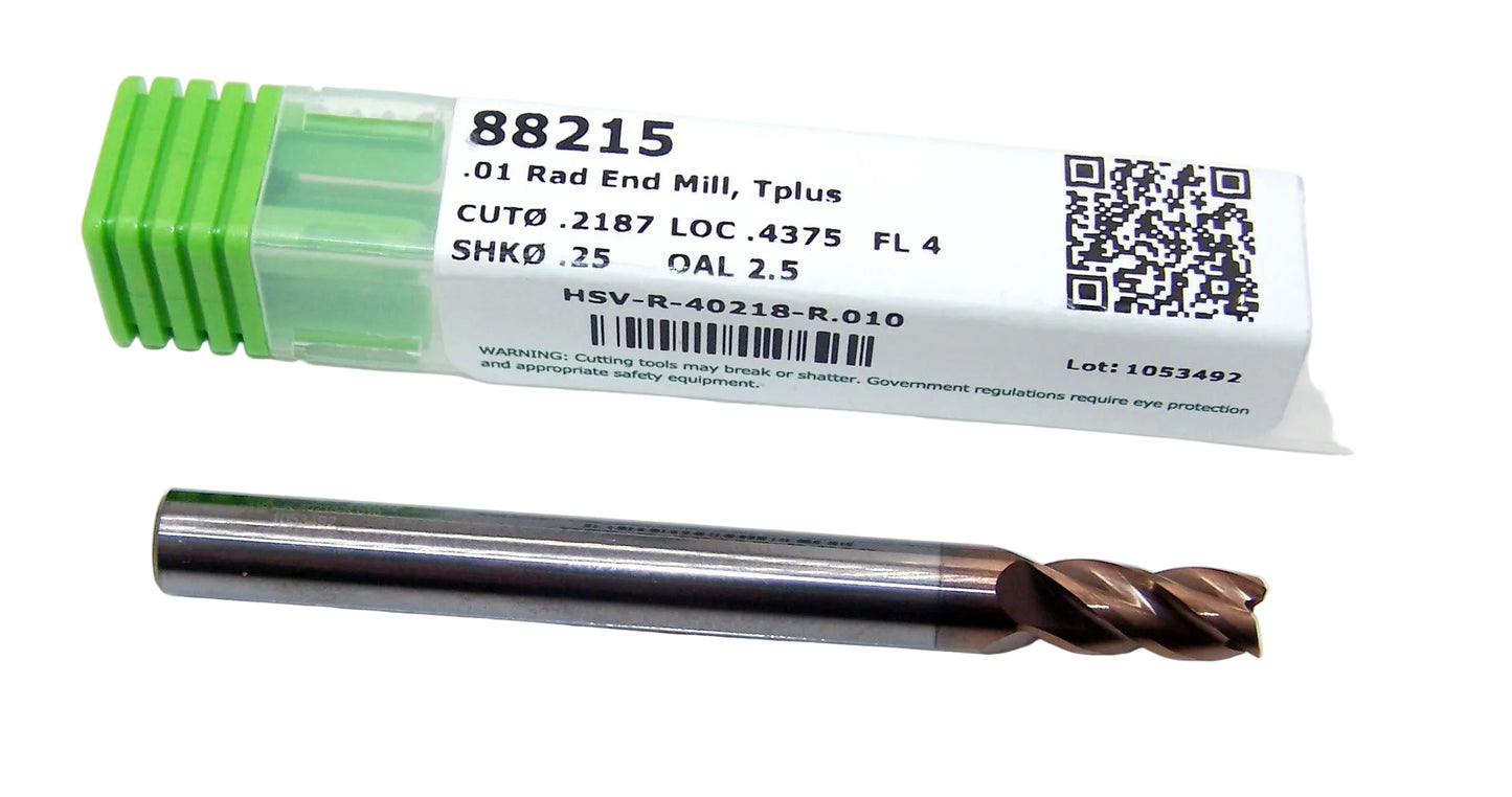 88215 Helical Solutions 7/32" Carbide 4 Flute End Mill .010" Radius .2187" Diameter .4375" Flute 2.50" Length .250" Shank HSV-R-40218-R.010