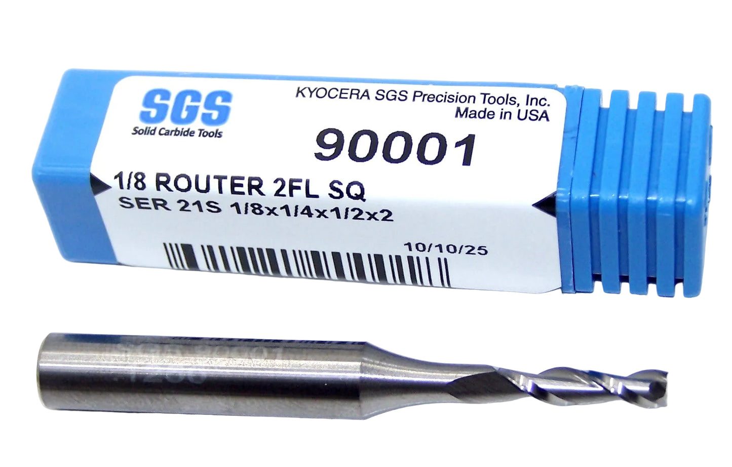 90001 Kyocera SGS 1/8" Carbide 2 Flute Up Cut Wood Router End Mill .125" Diameter 0..500" Flute 2.00" Length .250" Shank 21S