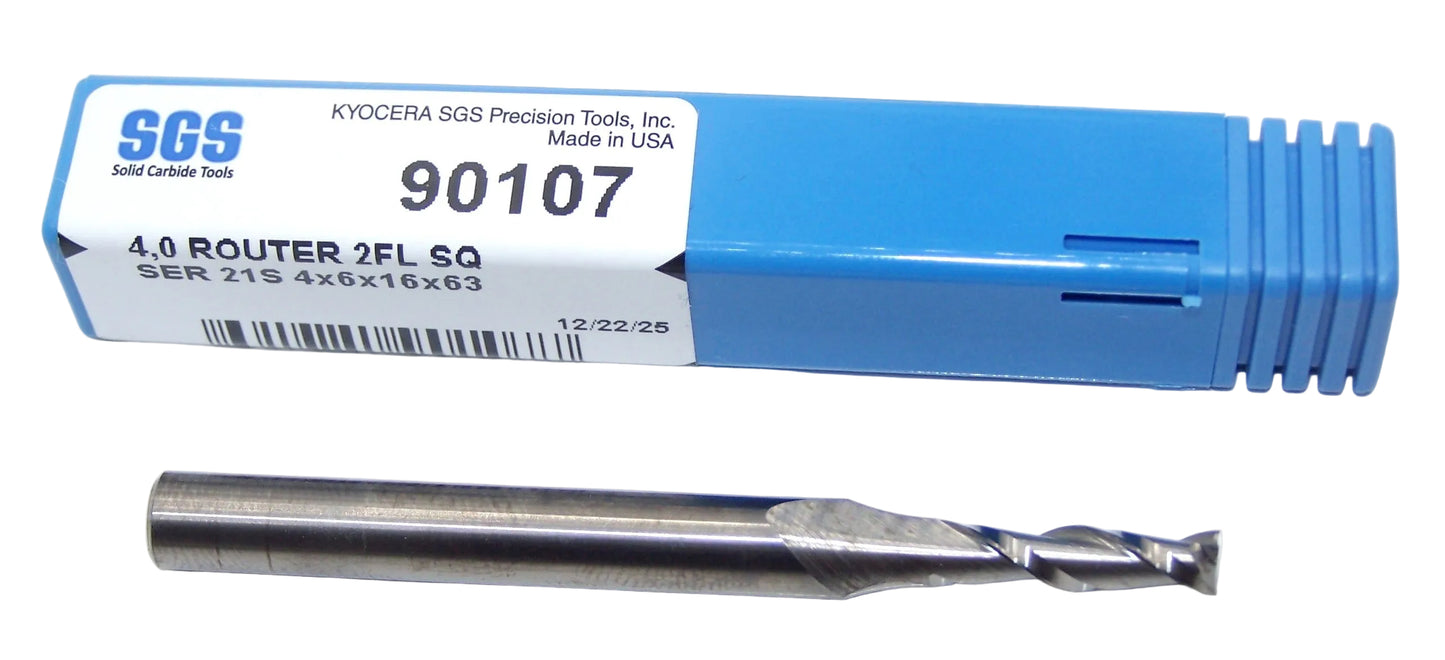 90107 SGS 4.00mm Carbide 2 Flute Up Cut Wood Router End Mill .1575" Diameter 0.6299" Flute 2.48" Length .236" Shank 21S