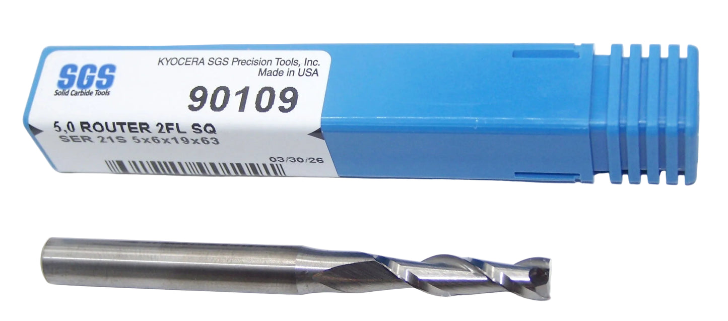 90109 Kyocera SGS 5.00mm Carbide 2 Flute Up Cut Wood Router End Mill .1969" Diameter 0..748" Flute 2.48" Length .236" Shank 21S