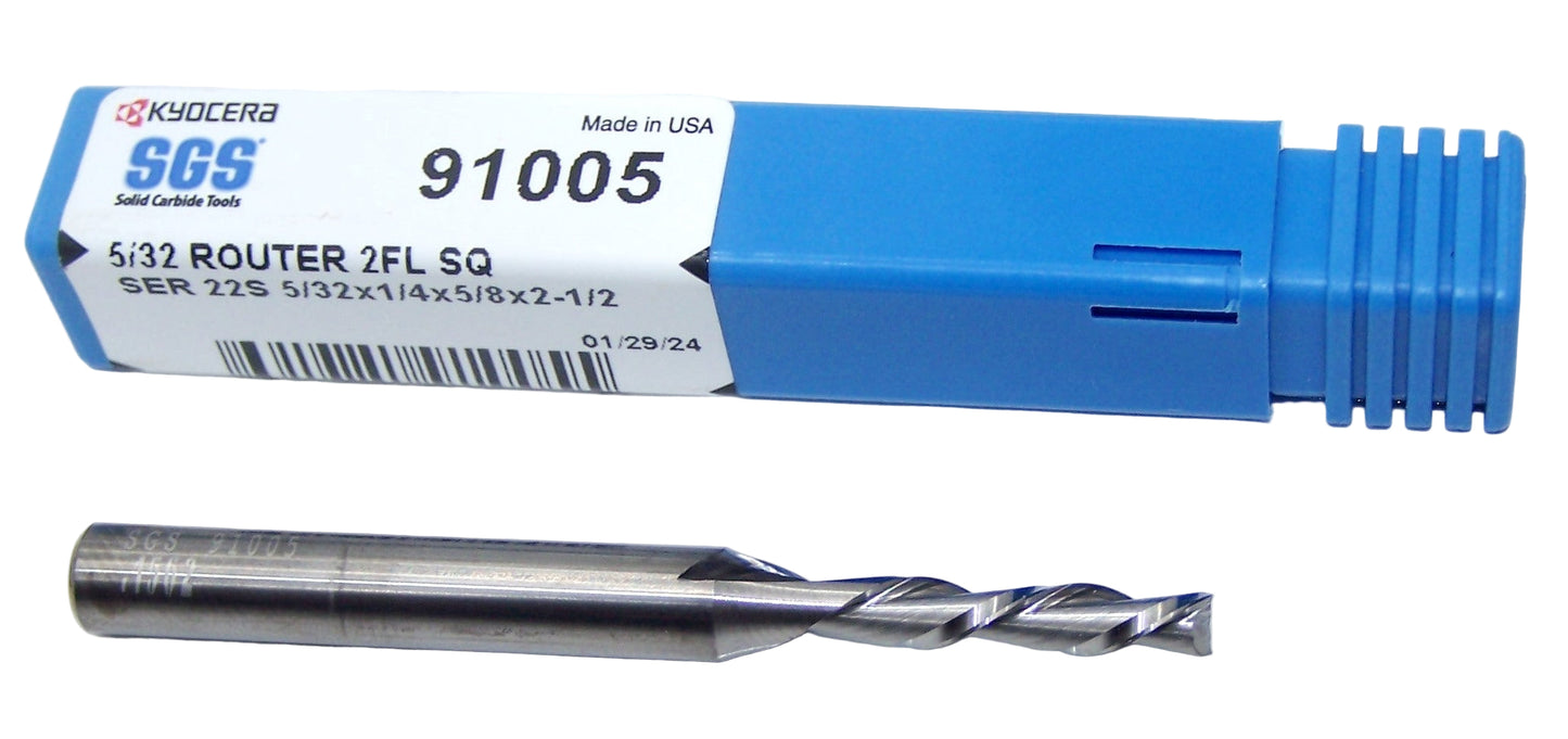 91005 SGS 5/32" Carbide 2 Flute Down Cut Router End Mill .1562" Diameter .625" Flute 2.50" Length .250" Shank