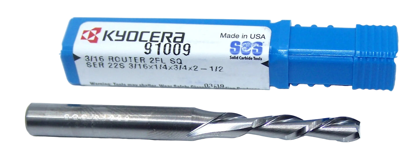 91009 SGS 3/16" Carbide Down Cut Router 2 Flute SQ .1875" Diameter .750" Flute 2.50" Length .250" Shank