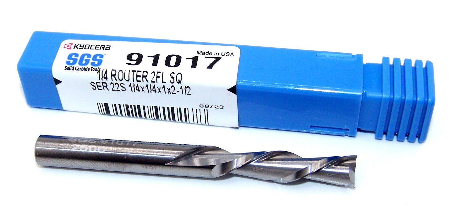 91017 SGS 1/4" Carbide Down Cut Router 2 Flute .250" Diameter 1.00" Flute 2.50" Length .250" Shank