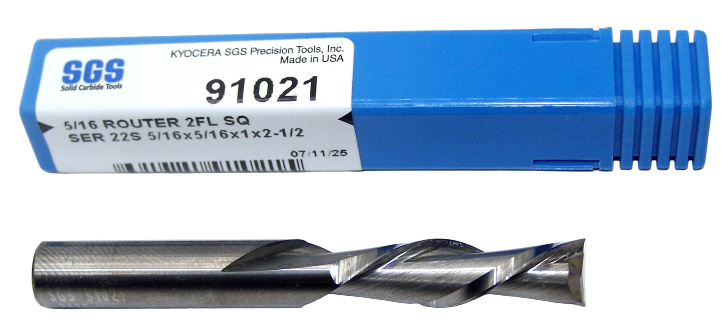 91021 SGS 5/16" Carbide 2 Flute Down Cut Router End Mill .3125" Diameter 1.00" Flute 2.50" Length .3125" Shank