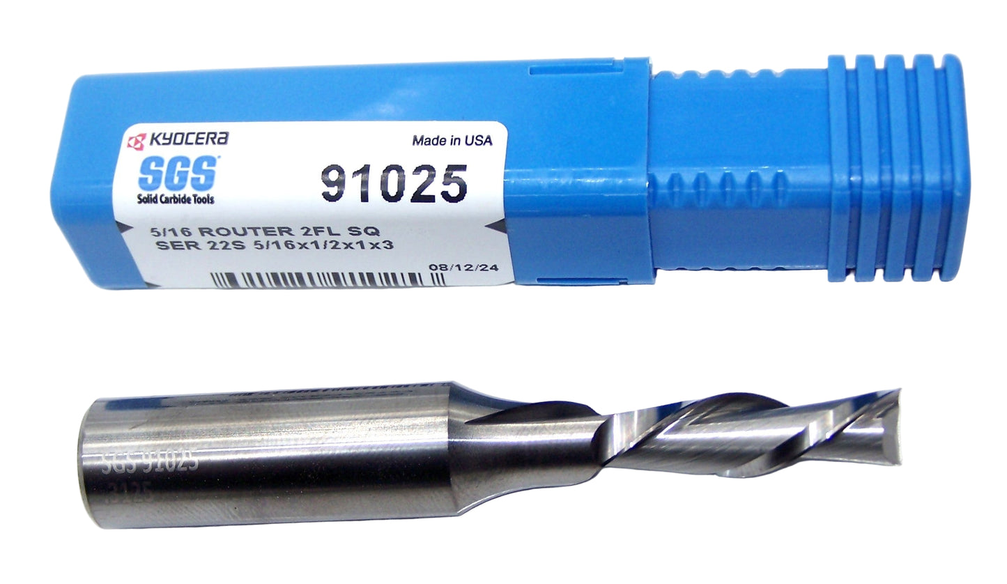 91025 SGS 5/16" Carbide 2 Flute Down Cut Router End Mill .3125" Diameter 1.00" Flute 3.00" Length .500" Shank
